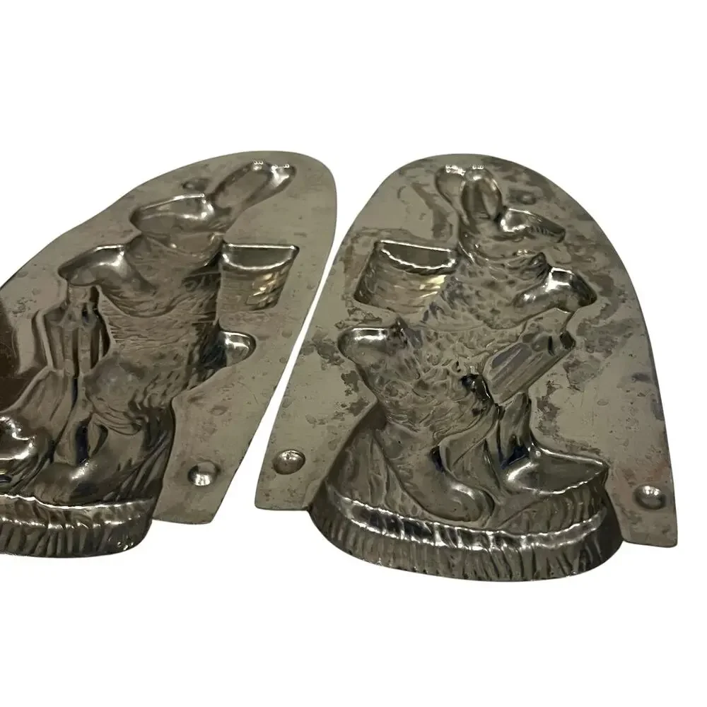 Vintage Antique Rabbit Easter Bunny Metal Chocolate Mold Tin 8” Standing Basket